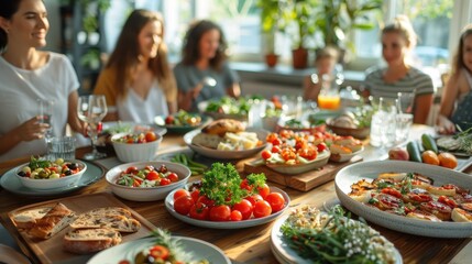 Fototapeta premium A cheerful family enjoying a weekend brunch, with various dishes spread across the dining table, set in a bright and airy dining room