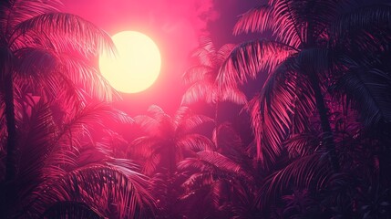 The Vibrant and Colorful Sunset Over Tropical Palm Trees Creates a Serene Ambiance