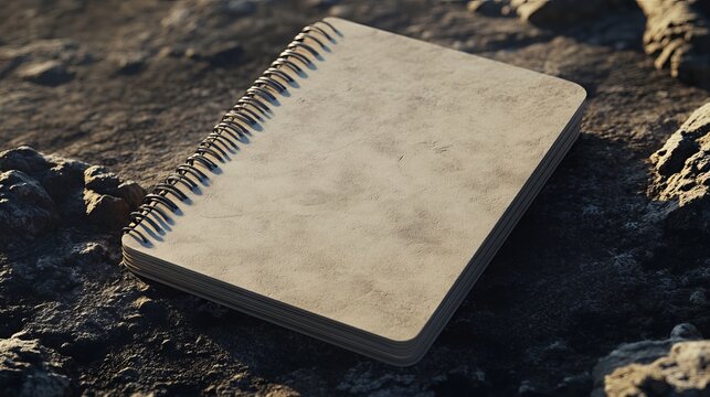 A blank spiral notebook has a textured cover, giving it a unique look. The realistic 3D rendering adds depth and dimension, making the notebook appear more lifelike