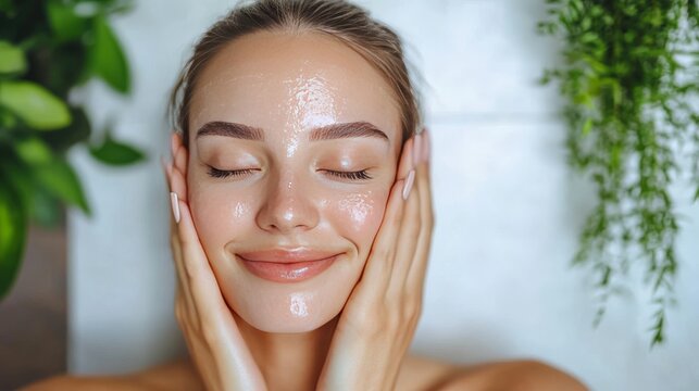 Illustration of a woman applying skincare with lush green leaves in the background symbolizing natural beauty rejuvenation and eco conscious self care practices for healthy skin