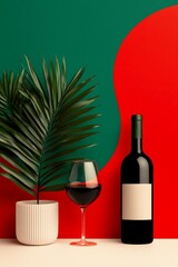 An Elegant Wine Bottle and a Beautiful Palm Plant Positioned on a Colorful Background