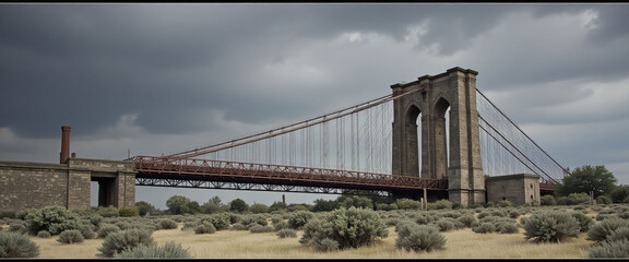 Fototapeta premium A bridge with a large arch is shown in the distance. The sky is cloudy and the bridge appears to be old and rusted