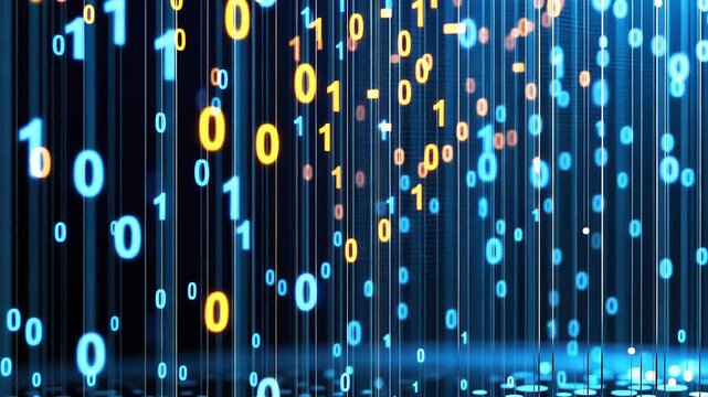 Dynamic flow of blue and orange binary code through digital data streams