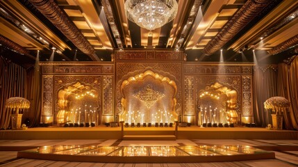 Fototapeta premium A magnificent gold stage adorned with glittering lights and luxurious decorations