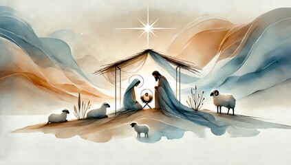 Nativity scene in Bethlehem. Watercolor painting. Christmas scene illustration showing holy family baby Jesus in the manger Mary and Joseph. Banner - copy space