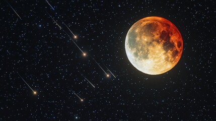 Naklejka premium A glowing red moon illuminates the night sky with shooting stars during a celestial event