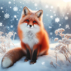 Fototapeta premium red fox on the snow ground 