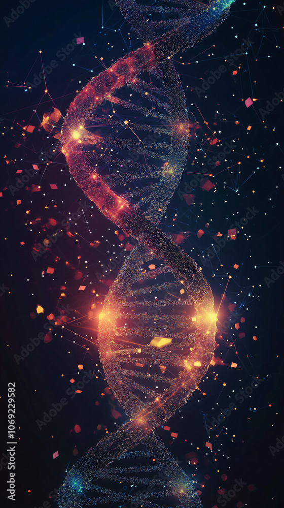 Leinwandbilder abstract dna double helix rotating with particles on dark background, concept for genetic engineerin