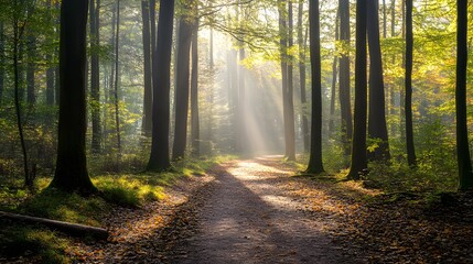 Obraz premium Quiet forest path with tall trees lining the way, sunlight filtering gently through the leafy canopy, and a soft carpet of fallen leaves covering the ground