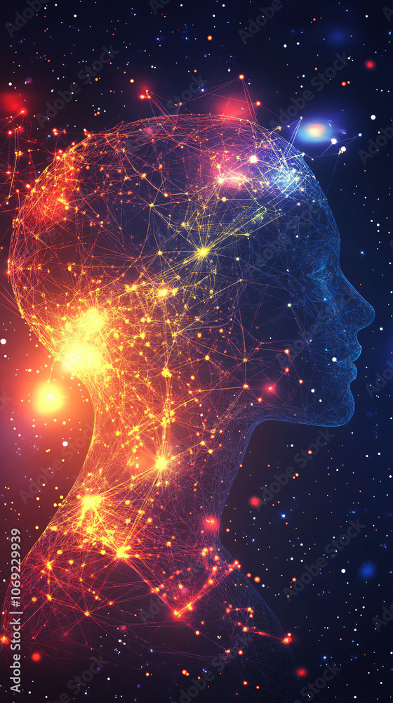 Poster artificial intelligence concept: glowing human head silhouette with connecting lines on cosmic backg