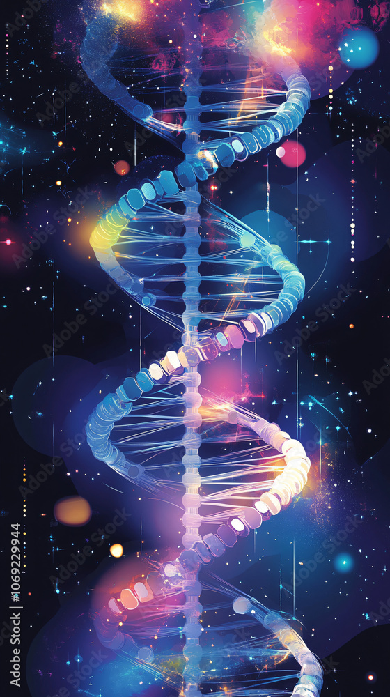 Aufkleber dna double helix is glowing blue and purple as it floats in the vastness of deep space surrounded by