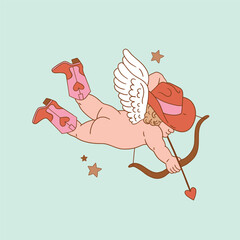 Valentine cupid in western cowboy boots. Hand drawn cute angel illustration. Perfect for tee shirt logo, greeting card, poster or nursery print design. EPS 10 vector file.