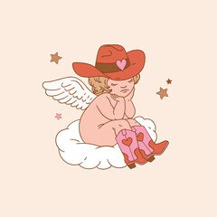Valentine cupid in western cowboy boots. Hand drawn cute angel illustration. Perfect for tee shirt logo, greeting card, poster or nursery print design. EPS 10 vector file.