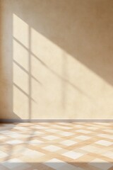 Sunlit room with checkered tile floor and blank wall