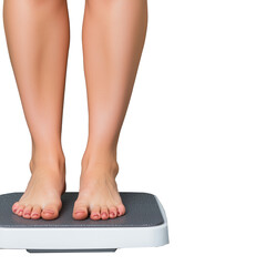 Woman standing on analog weight scale, feet close up on transparent background