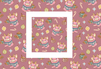 Pink Christmas cozy pattern. Funny dressed pig babies in a festive sweater with a cup of cocoa and a bun.