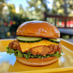 Saftiges, knuspriges H&uuml;hnchensandwich mit goldbrauner Panade, frischem Salat und Gew&uuml;rzso&szlig;e. Perfekte Food-Fotografie-Vorlage f&uuml;r kulinarische Werbung oder Restaurantmen&uuml;s