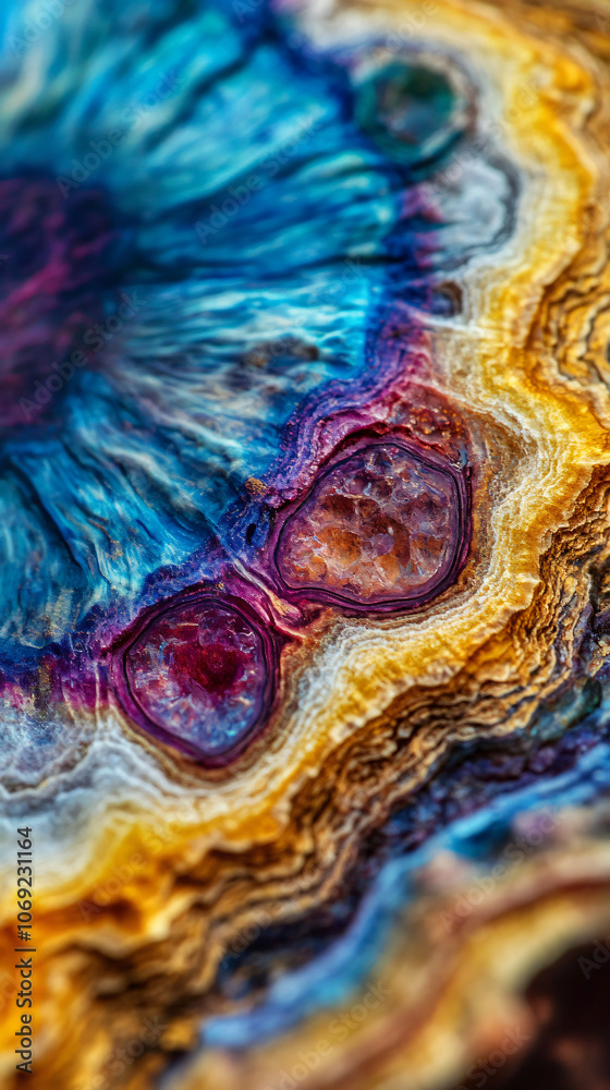Aufkleber Macro view of an agate stone is showing concentric bands of vibrant colors and intricate patterns, creating a mesmerizing abstract artwork