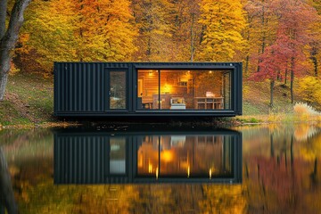 Modern black shipping container cabin by a calm lake, surrounded by vibrant autumn trees with colorful reflections in the water