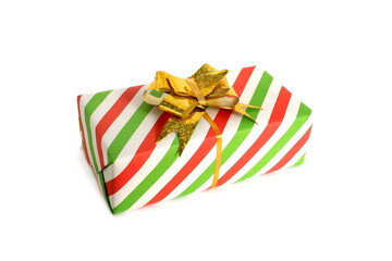 Gift box with a bow lies on a white isolated background.	