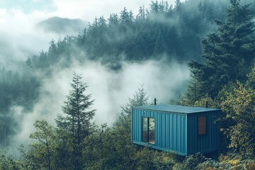 Isolated  shipping container cabin nestled on a misty mountainside surrounded by dense evergreen forest