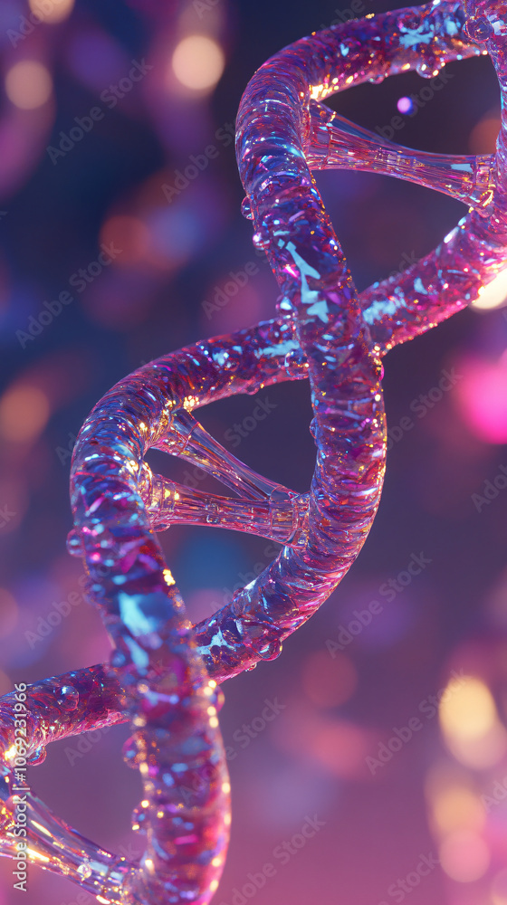 Aufkleber mesmerizing dna strand forms amidst glowing particles on a purple background, showcasing the intrica