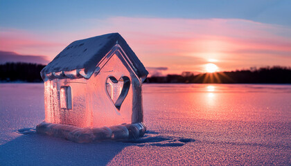 Miniature frozen house with heart shape window. Sweet home concept. Family warmth, love and protection