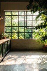 Cozy kitchen with large window overlooking lush greenery