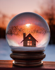 Miniature house inside a snow globe with heart shape window. Sweet home concept. Family warmth, love and protection