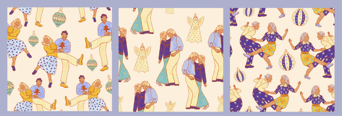 Vintage collection of illustrations of people at a party. Vintage characters in dance poses. Christmas white seasonal ornament set for festival, event, holiday poster