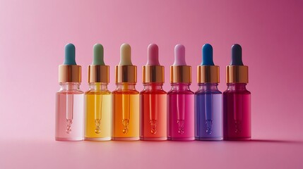 Row of colorful dropper bottles on pink background.