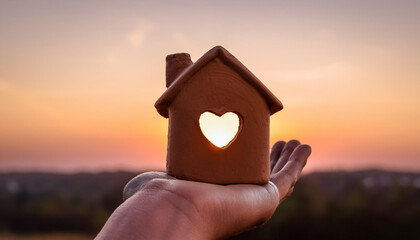 Miniature clay house with heart shape window. Sweet home concept. Family warmth, love and protection