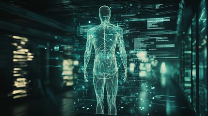 Abstract digital human body hologram with futuristic medical data. The digital body is composed of lines and particles, and the medical data is displayed as a series of graphs and charts