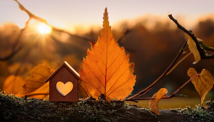 Miniature house with heart shape window. Sweet home concept. Family warmth, love and protection