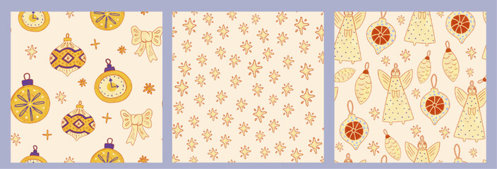 Collection of white seamless vintage seasonal patterns. Ornament Christmas toys, decorations, balls, bubbles, snowflakes. Holiday gift paper background