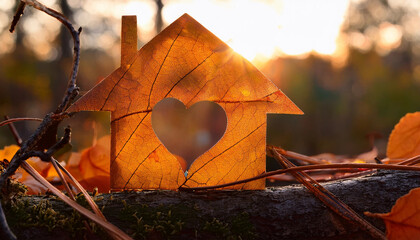 Miniature leaf house with heart shape window. Sweet home concept. Family warmth, love and protection