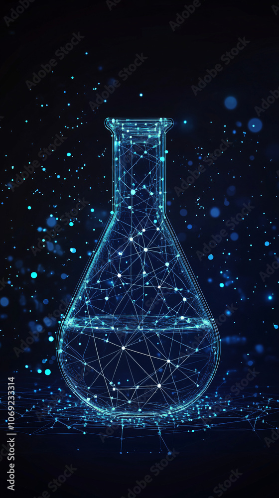 Poster Wireframe erlenmeyer flask is placed on a dark blue background and encircled by illuminated dots