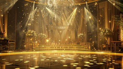 A magnificent gold stage adorned with glittering lights and luxurious decorations