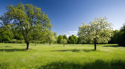 Fototapeta premium Quiet orchard with blossoming fruit trees, bees buzzing around, and a clear blue sky overhead. This idyllic scene captures the essence of a peaceful spring day in a thriving orchard.