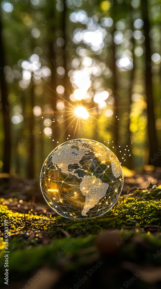 Poster glowing planet earth is sitting on moss in a forest with the sun shining through the trees at sunset