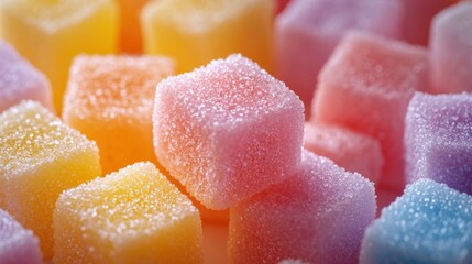 Colorful Sugar-Coated Jelly Cubes in Pastel Hues of Pink, Yellow, and Blue with Sparkling Texture