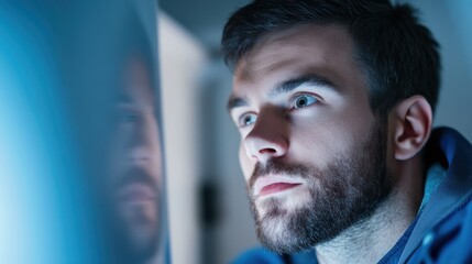 Naklejka premium Thoughtful man with beard looking out window