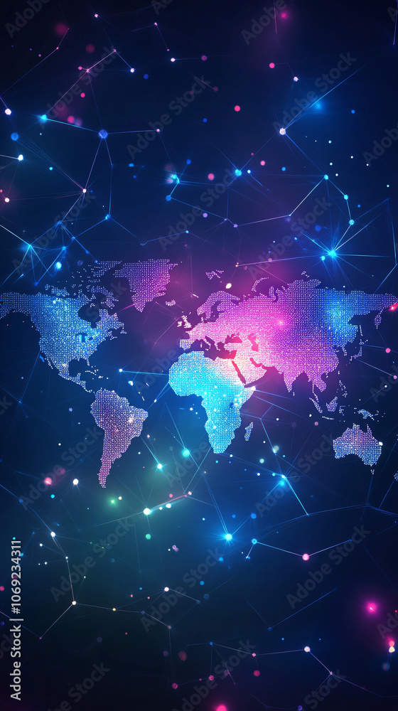 Poster Abstract world map is forming from connecting lines and dots on dark blue background