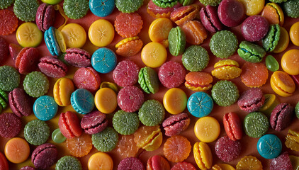A vibrant collection of various gummy candies sprawled across a bright surface, showcasing colorful shapes and textures perfect for a celebratory occasion