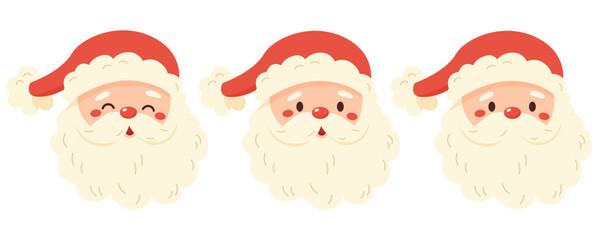 Set of Santa Claus heads with different emotions. Christmas and New Year theme. Kawaii cartoon character on white background. Vector illustration.