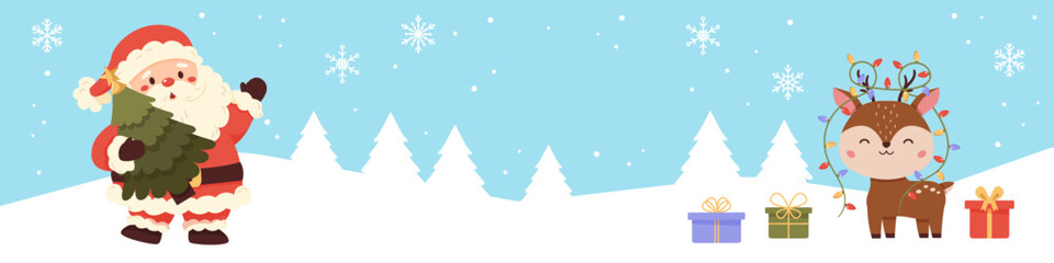 Banner with cute Santa Claus, Christmas tree, lights, reindeer and gifts. Snowy forest with snowflakes.