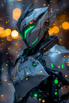 A man in a suit of armor standing in front of a city at night