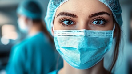 Medical professional wearing surgical mask in hospital setting, focused gaze. Healthcare and frontline workers concept