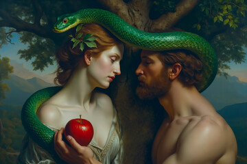 Adam and Eve in Garden of Eden. Eva giving Adam red apple. serpent tempter in paradise. Christian religious legendary story. green ancient snake devil lucifer satan. fall from grace. lapse from virtue