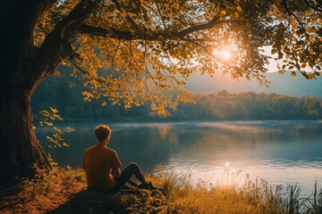 A person sits peacefully by a lake, soaking in a serene sunset view surrounded by nature's beauty and tranquility.
